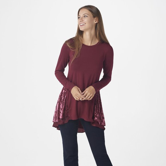 LOGO Lori Goldstein Velvet Floral Tunic Top L